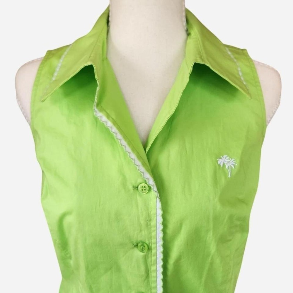 Island Republic retro sleeveless collared shirt rickrack trim front tie green
